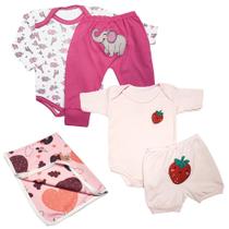 Kit Bebê 5 Peças Conjuntos Body Short Mijão Bordado e Cueiro