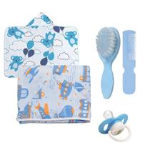 Kit Bebê 5 Peças Toalha Capuz e Kit Pente e Escova e Chupeta