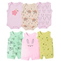 Kit Bebê 6 Pçs Macaquinho Banho de Sol e Body Regata Enxoval