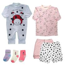 Kit Bebê 7 Peças Macacão Camiseta Short Suedine e Meias Bebê
