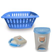 Kit Bebê Acessórios banho Saboneteira lixeira e cesto Baby Azul Cód. 2387