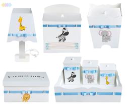 Kit Bebê Azul Tema Safari com 8 Peças em Madeira Mdf Decorado - Bia Baby decor