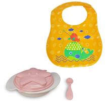 Kit Bebê Babador Impermeável + Prato Infantil Tampa e Colher