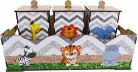 Kit Bebê Bandeja E Potes Higiene Decoração Safari Mdf