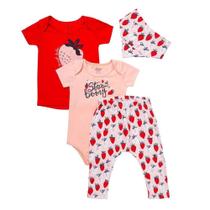 Kit Bebê Blusa Calça Saruel Body Bandana Moranguinho 4 Peças