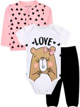 Kit Bebê Body Manga Curta, Calça Mijão E Casaco Infantil 3 Peças Suedine Urso - Dapeen