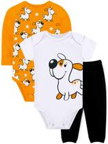 Kit Bebê Body Manga Longa, Body Manga Curta E Calça Infantil 3 Peças Suedine Dog - Dapeen