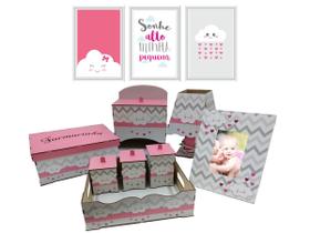 Kit Bebe Higiene Decoração Nuvem Rosa Com Trio De Quadrinhos - Mdf Store