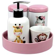 Kit Bebê Higiênico Organizador Banheiro Bancada Decorativo Funcional Safari Rosa Porcelana 5 Peças