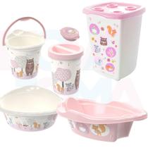 Kit Bebe Lixeira,saboneteira,cesto,balde,bacia,banheira 21 Bichinhos rosa- plasutil