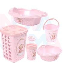 Kit Bebe Lixeira,saboneteira,cesto,balde,bacia,banheira 21- ursa rosa plasutil