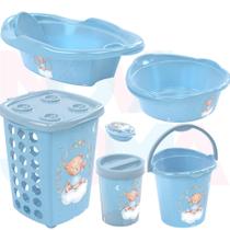 Kit Bebe Lixeira,saboneteira,cesto,balde,bacia,banheira 21 Urso Azul - plasutil