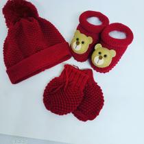 Kit bebê luva,touca e sapatinho ursinho (vermelho)