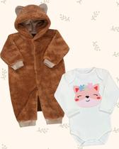 Kit Bebê Macacão Pelúcia Teddy e Body Manga Longa Bichinhos - era uma vez