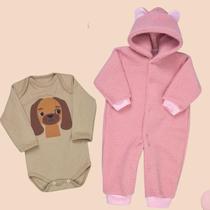 Kit Bebê Macacão Pelúcia Teddy e Body Manga Longa Bichinhos