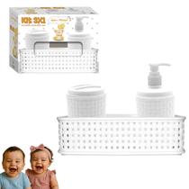 Kit Bebe Mãe Cesta Organizador Algodão Sabão Líquido Branco