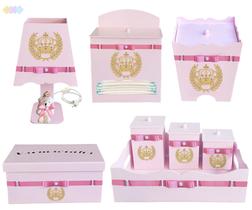 Kit Bebê Menina Rosa com 8 Peças Tema Coroa Ramo em Madeira Mdf Decorado