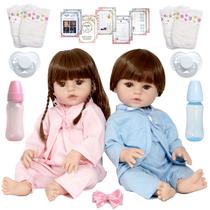 Kit Bebê Reborn Gêmeos Casal 52cm 100% Silicone Acessórios