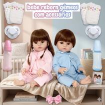 Kit Bebê Reborn Gêmeos Casal 52cm 100% Silicone Acessórios