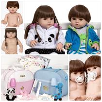 Kit Bebe Reborn Gêmeos Menina Pandinha Com Bolsa Pode Banho