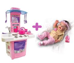 Kit Bebê Reborn Silicone Roupa E Mamadeira + Cozinha Rosa - Big Star e Milk Brinquedos