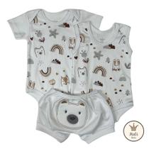 Kit Bebê Verão 3 Peças ANIMAIS Body Curto e Body Regata Estampado + Shorts Bordado P M G