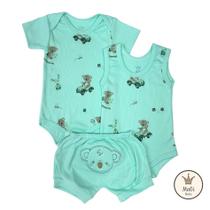 Kit Bebê Verão 3 Peças COALA Body Curto e Body Regata Estampado + Shorts Bordado P M G