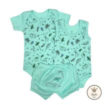 Kit Bebê Verão 3 Peças DINO Body Curto e Body Regata Estampado + Shorts Bordado P M G