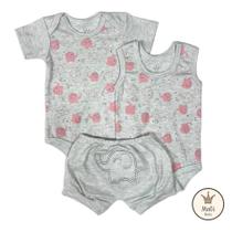Kit Bebê Verão 3 Peças ELEFANTE Body Curto e Body Regata Estampado + Shorts Bordado P M G