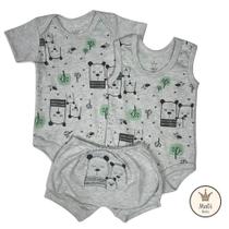 Kit Bebê Verão 3 Peças FAMILIA URSO Body Curto e Body Regata Estampado + Shorts Bordado P M G