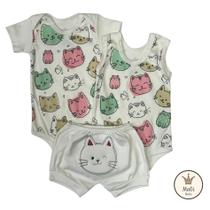 Kit Bebê Verão 3 Peças GATINHA Body Curto e Body Regata Estampado + Shorts Bordado P M G