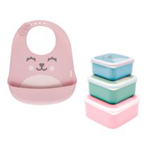 Kit Bebês Crianças Babador Feminino + 3 Potinhos Combinando Rosa Verde & Azul