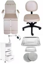 Kit Bege Para Podologia Cadeira Luminária Com Exaustor Carrinho Mocho Bandejas Fiscomed