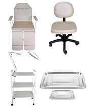 Kit Bege Para Podologia Cadeira Luminária Com Exaustor Carrinho Mocho e 02 Bandejas Inox