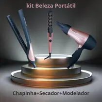 Kit Beleza Portátil 3 em 1 Chapinha Secador Modelador Rosa Bivolt