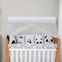 Kit Berço 10 Pçs Panda Baby Magia Cinza Bebê Cabeceira Trança Protetora Almofadas Laterais Edredom Bando com Mosqueteiro Lençol com Elástico e Fronha - Brubrelel