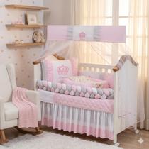 Kit Berço 15 peças Protetor Americano Trançado Coroa Realeza rosa Com Ninho Redutor