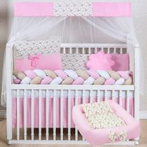Kit Berço 15 Peças Slim Doce Rosa com Ninho Redutor Conforto para Bebê Menina