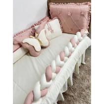 Kit Berço 8 pçs Tema Borboletas 3d nervuras Trança Asa palha com rose + saia de berço palha