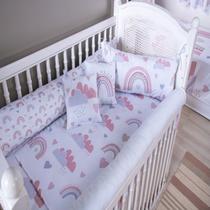 Kit berço 8 peças menina arco íris 400 fios com edredom e almofadas