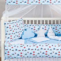 Kit Berço Algodão Protetor Americano Carrinho Azul Menino 2 laterais 8 peças Sem Edredom