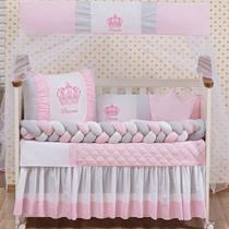 Kit Berço Americano Coroa Princesa Rosa Menina 12 peças com Saia berço e almofada