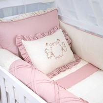 Kit Berço Americano em Linho Passáros Rosa Velho 8 peças