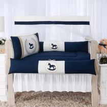Kit Berço Americano Menino Completo 9 Peças Bordado Cavalinho Azul