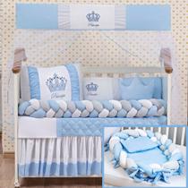 Kit berço com caminha de bebê trançados modelo coroa azul conforto 15 peças lançamento