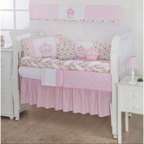 Kit Berço Com Lateral E Trança Coroa Rosa 12 Peças