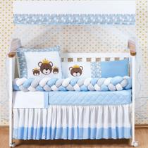 Kit Berço Completo Padrão Americano Urso Família Azul 11 Peças Com Saia Berço