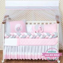 Kit Berço Completo Protetor Americano Elefante Rosa Menina 12 peças com Saia e Travesseiro