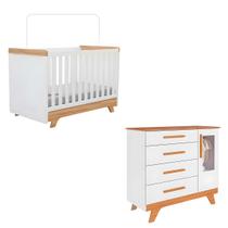 Kit Berço E Cômoda Retrô Peroba Branco Amêndoa Quarto Bebê