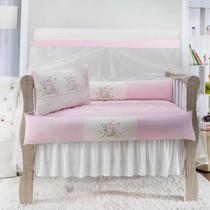 Kit Berço Menino Bordado Jardim Rosa Algodão 9 Peças Com Lençol
